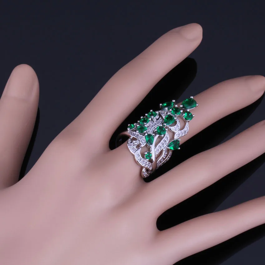 Glittering Huge Plant Green Cubic Zirconia White CZ Silver Plated Ring V0526