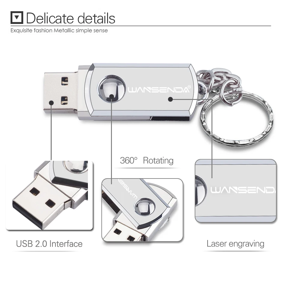 WANSENDA металлический USB флеш-накопитель, 4 ГБ, 8 ГБ, 16 ГБ, 32 ГБ, 64 ГБ, 128 ГБ