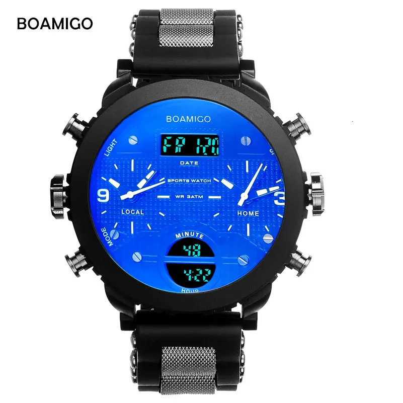 men sports watches BOAMIGO brand men watches 3 time zone rubber LED digital watch military quartz wristwatches gift box F905