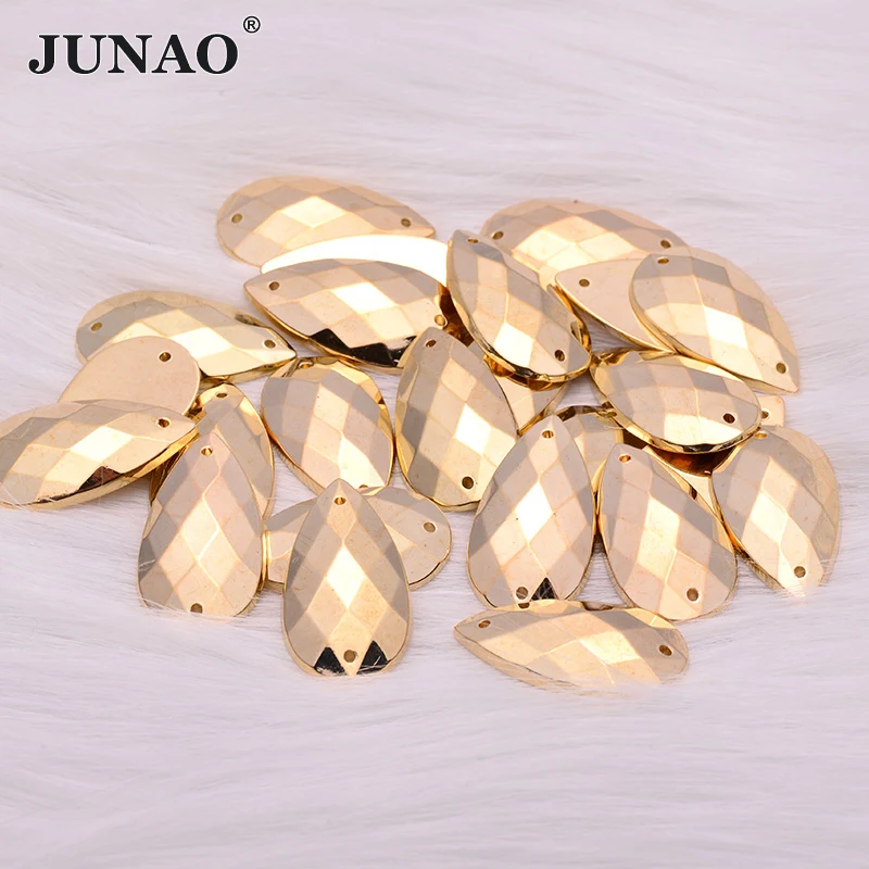 JUNAO 18*25mm 100pcs Sew On Gold Drop Rhinestone Golden Acrylic Stones Flatback Big Size Crystal Strass for Needlework Clothes