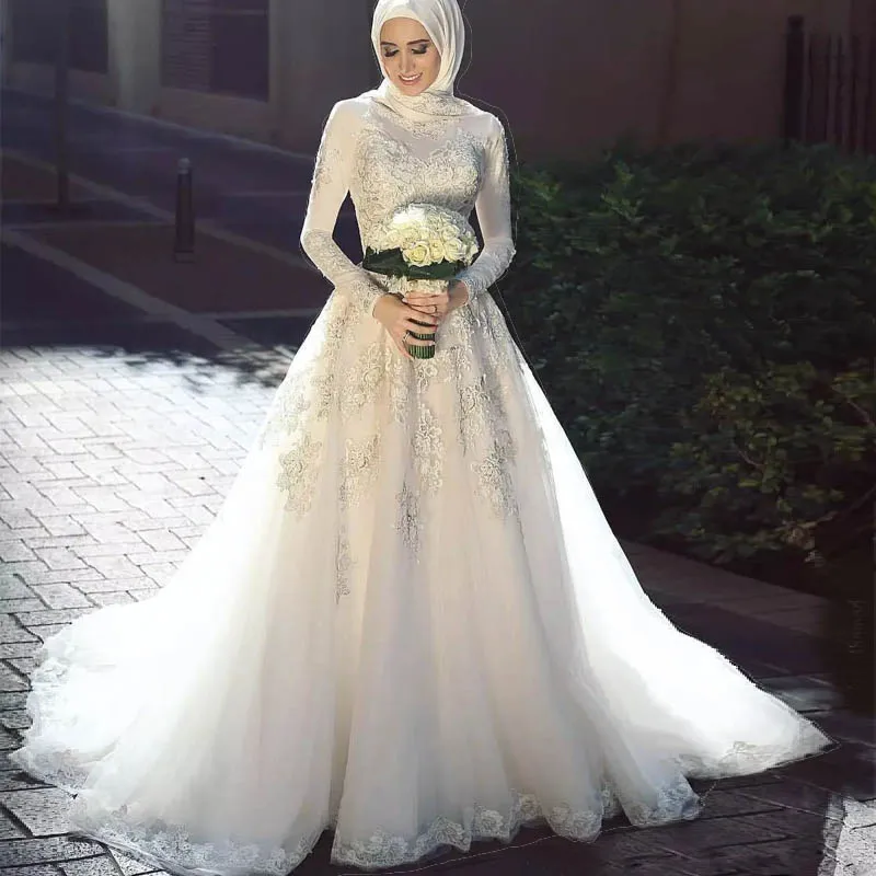 

Vestido de novia Lace Muslim Wedding Dresses 2023 Long Sleeve O Neck Tulle Zipper Back Islamic Wedding Gowns with Scarf