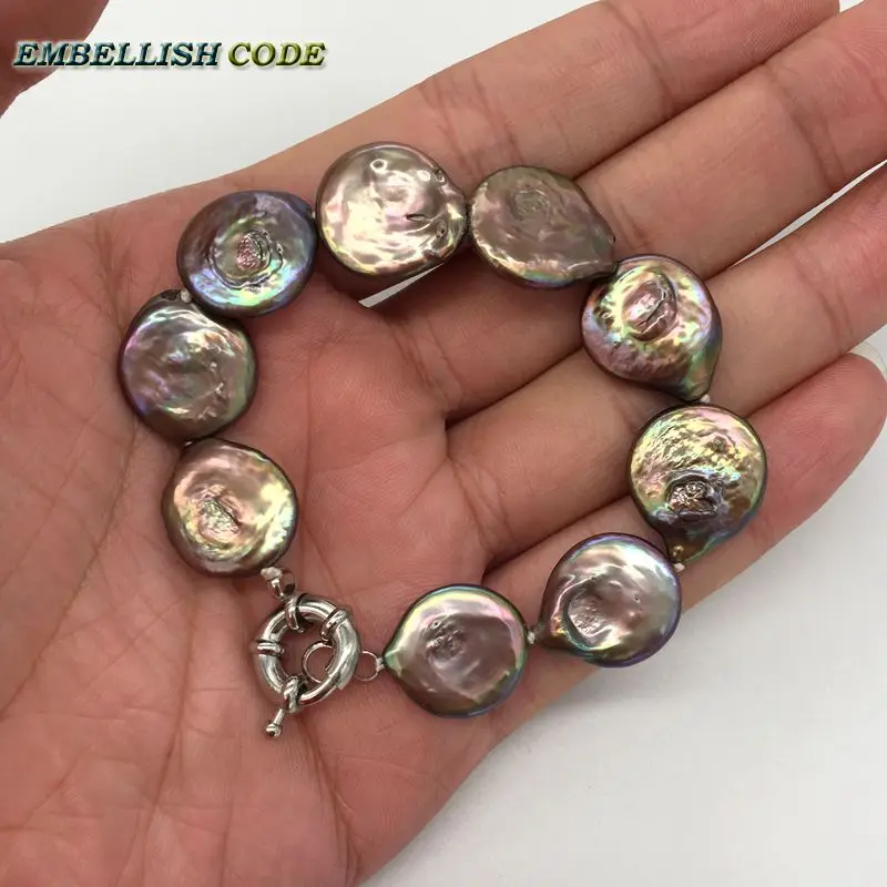 baroque pearl simple classic brown coffee color bracelet round coin flat shape natural freshwater pearls fold face