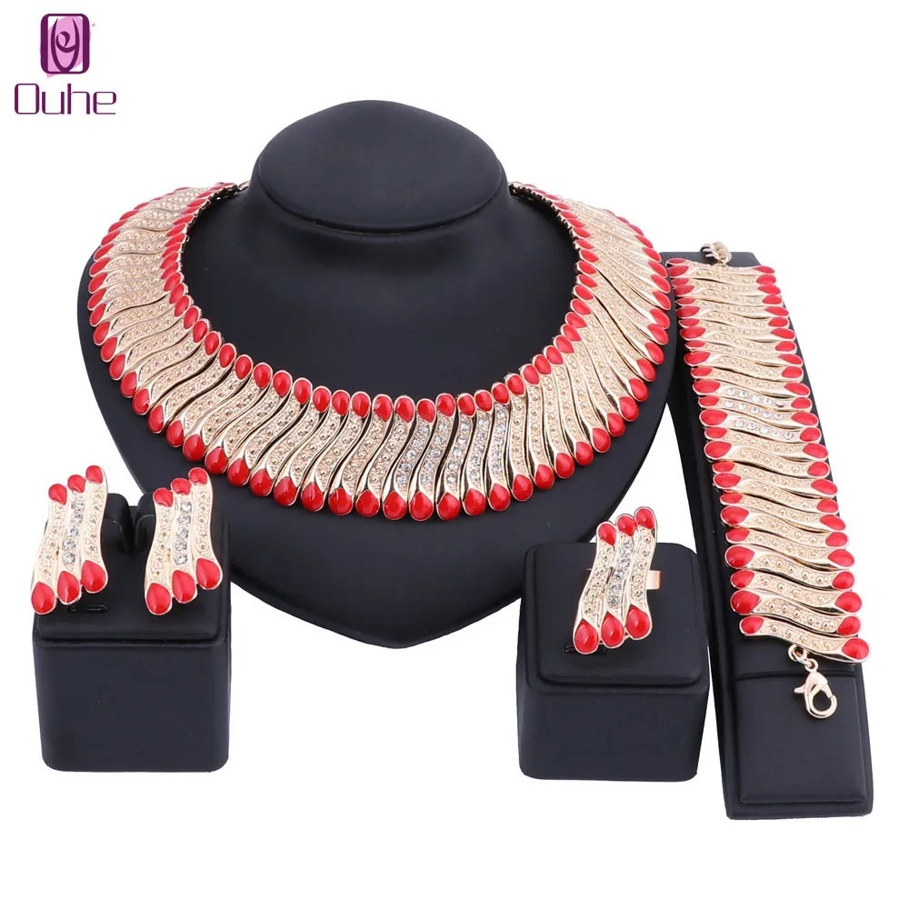 Women Dubai Gold Color Jewelry Sets Crystal Necklaces Earrings Ring Bracelet Wedding Party Accessories