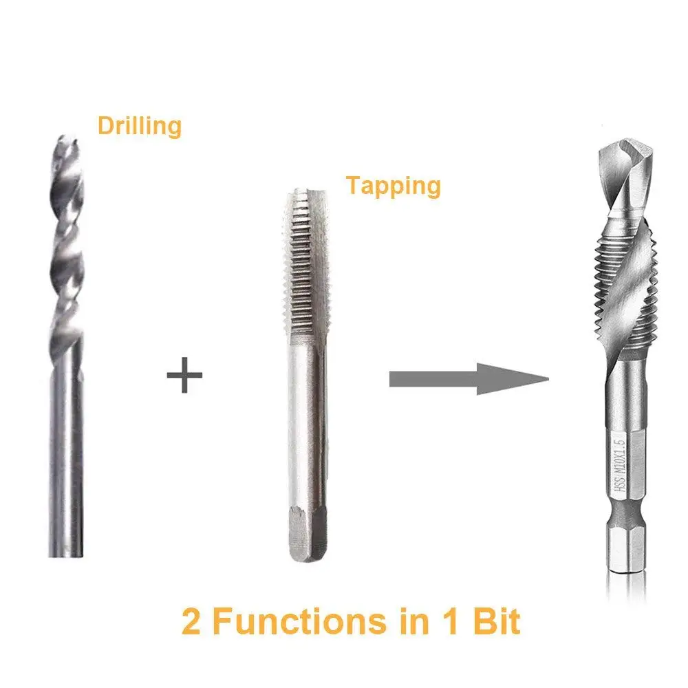 6 pezzi M3-M10 vite punte da trapano rubinetti HSS lavorazione del legno combinazione metrica Bit acciaio ad alta velocità luminoso 1/4 "IN cambio rapido esagonale