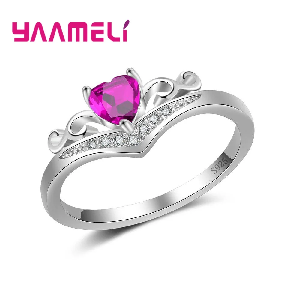 Pretty Purple Heart Crystal Cubic Zircon Exquisite 925 Sterling Silver Finger Rings Elegant Crown Design For Women Girls