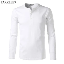 White Long Sleeve Heavyweight Henley T-shirt Men 2019 American Casual Slim Fit V Neck Mens Tshirts Thick Cotton Camisetas Hombre