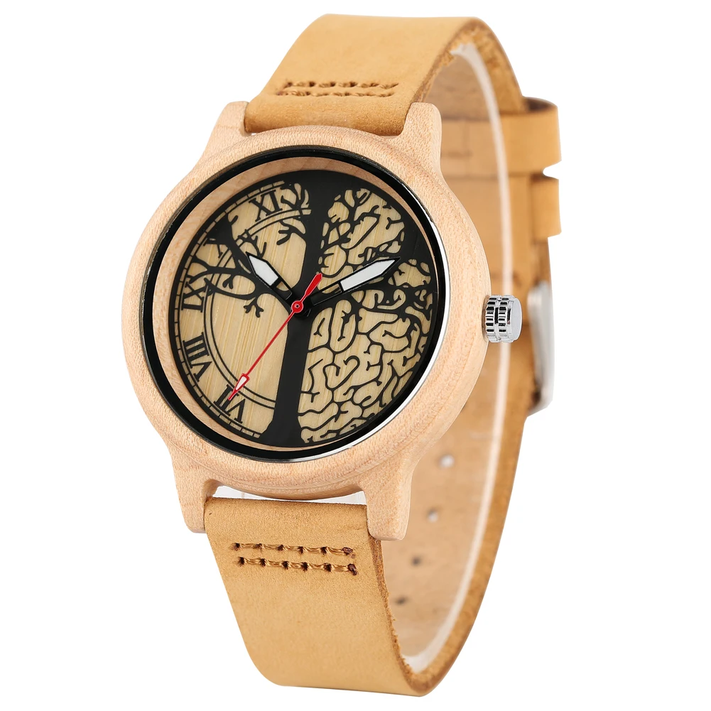 Women\'s Brown Leather Strap Wristwatch Quartz Wooden Watch Unique Maple Life Tree Patterns Dial Wooden Watch