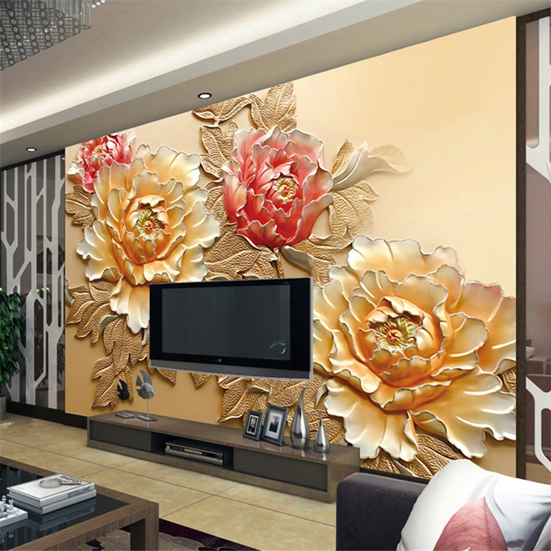 

beibehang Wholesale Chinese Style Mural with Peony Flower for Sofa TV Background Living Room Wall Photo Murals Vinyl Embossed