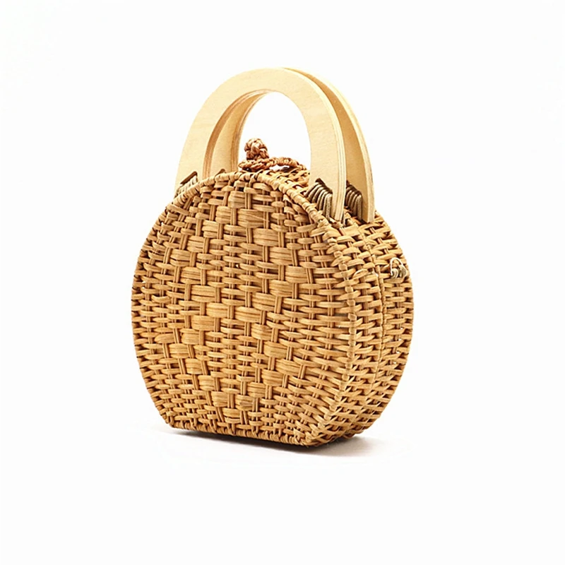 Straw Handbag Women Wooden Hand-Woven Top-Handle Beach Bag Circular Knitting Bags Travel Tote Straw Bags For Women Crossbody Bag