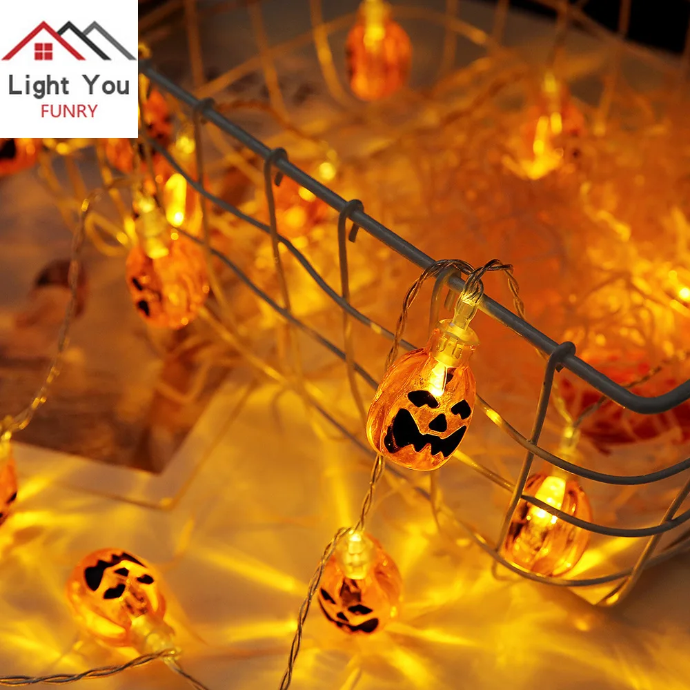 20LED Halloween Grimace Pumpkin Decorative Light String 2 Meter Halloween Party Battery Box decorazione interna String Light