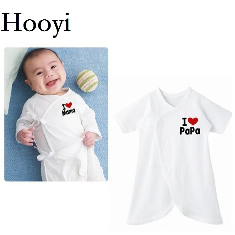 Hooyi White Newborn Clothes Kimono Summer Short Sleeve Baby Romper Soft 100% Cotton I Love MaMa PaPa 0-1Y Bebe Roupas Jumpsuit