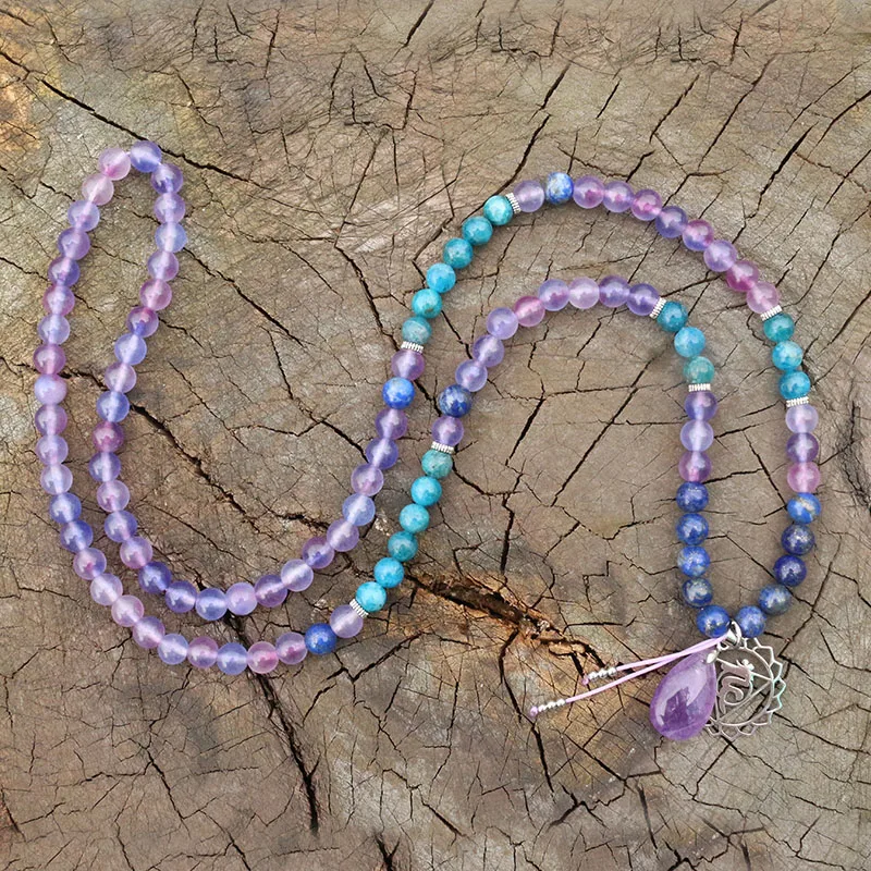 Colgante de lapislázuli,patita y amatista de 8mm, collar JapaMala curativo de Chakra de potencia, meditación, joyería de Yoga de Namaste, 108 cuentas de oración Mala