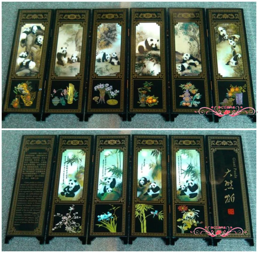 6Pieces Panda Folding Screen Chinese Traditional Lacquerwork Screen Decoration