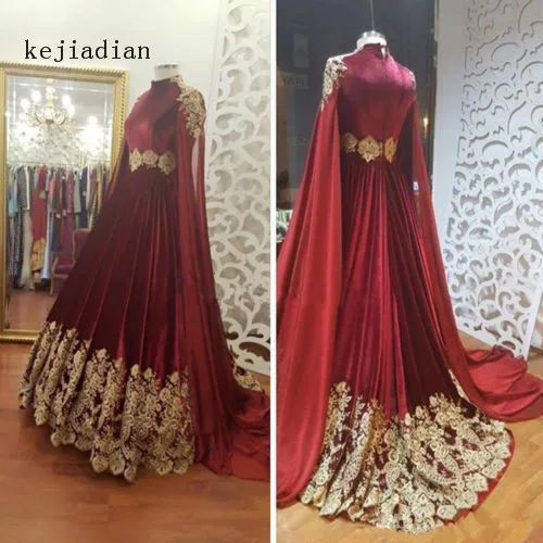 Arabic Bridal Gown Islamic Long Sleeve red gold lace Muslim Wedding Dress Arab velvet Ball Gown Lace Hijab Wedding Dress 2020