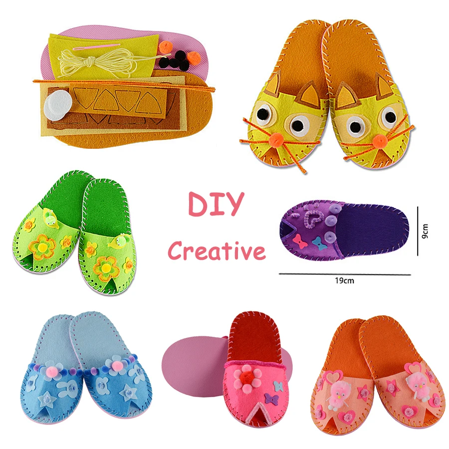 Montessori Toys Handmade DIY Creative Cartoon Slippers Sewing kit,Non-woven Fabric Shoes Art & Crafts Educational Toys For Kid