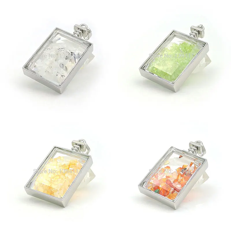 Mixed Stones Chips Rectangle Device Pendant With Gluing Double Glass Boards Approx 50*27*12mm