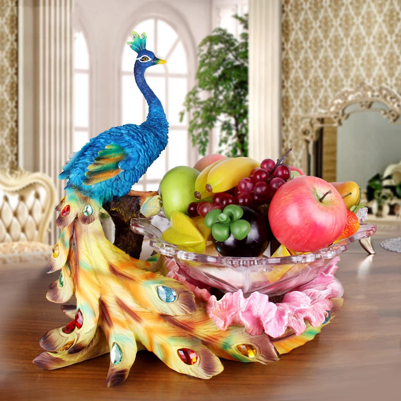 European Luxury Resin Peacock Glass Fruit Plate Ornament Crafts Decoration Office Home Furnishing Desktop Figurine Wedding Gift