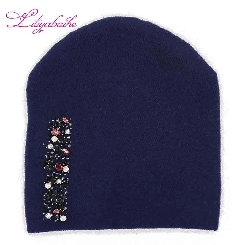 LILIYABAIHE Women Autumn And Winter Hat angora Knitted Skullies Beanies Cap Colored vertical strip diamond decoration hats