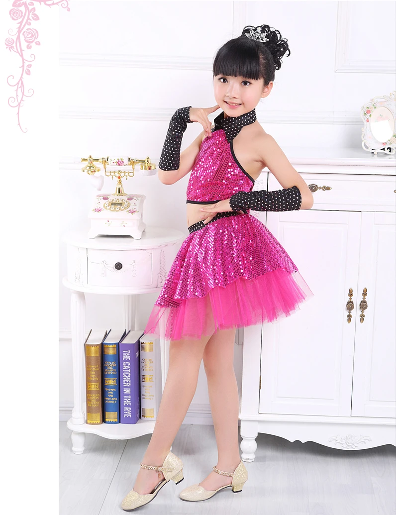 Kinder Pailletten Jazz Dance Modern Dance Kostüm Mode Latin Walzer Tanzen Kleid Bühne Zeigen Kleider Jazz Kostüme Für Mädchen