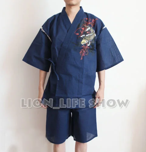 Biamoxer summer Men Japanese Jinbei Kimono Carp  Short Sleeve Pants Sleepwear Pajama Homewear