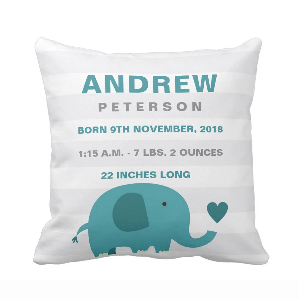 

Personalized Cute Elephant Baby Boy Birth Announcement Soft Polyester / Cotton Canvas Pillow Cover Decorative Cushion Cover