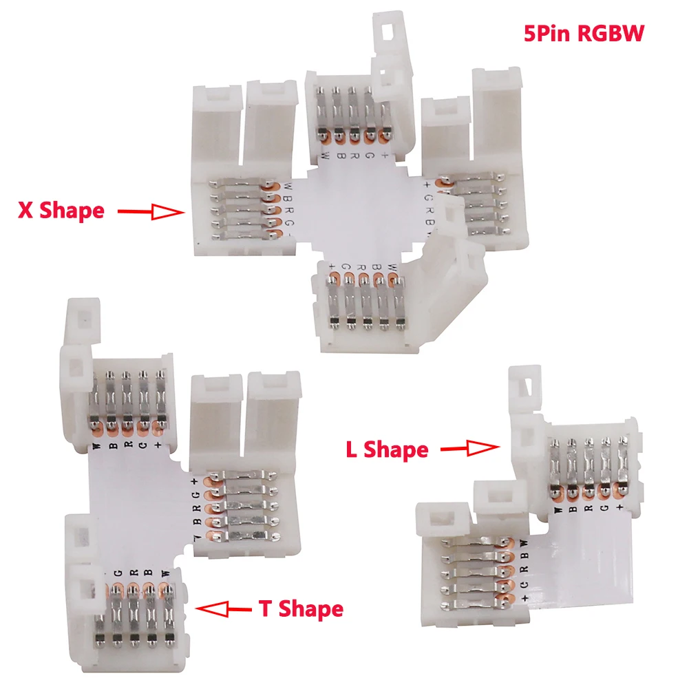 5Pcs RGBW LED Strip RGB Connector Clip 4pin 10mm 5PIN 12mm L T X Shape 2pin 10mm Connecting Corner Angle solderless PCB board