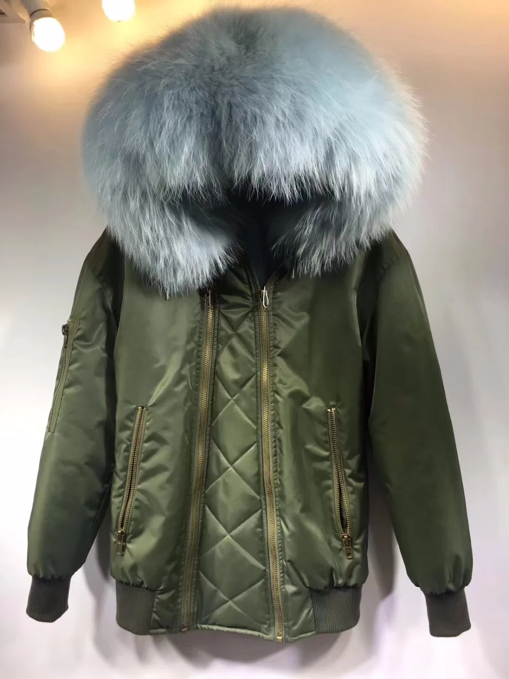 

Special Design Double Zipper Nylon Bomber Jacket With Light Blue Faux Fur Lining And Raccoon Fur Collar For Women