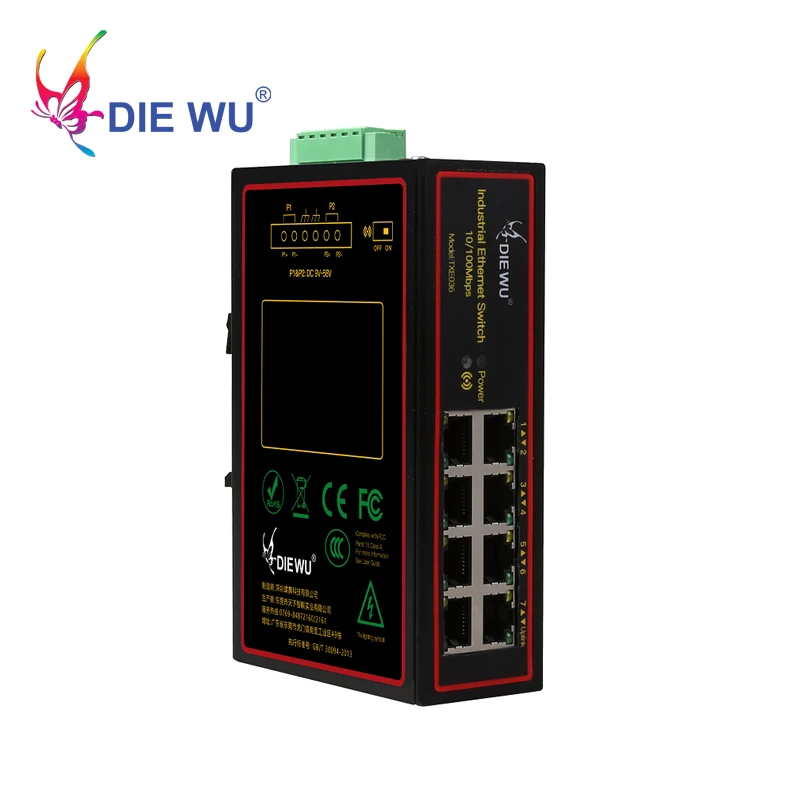 DIEWU 8 Ports Industrial Ethernet Switch 10/100Mbps Network Switch DIN Rail Type Network Lan adapter VLAN Signal Strengthen