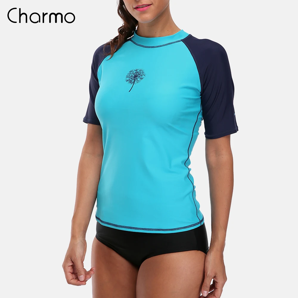 Charmo Women Long Sleeve Front Zipper Rashguard Shirt Swimsuit Patchwork Swimwear Surfing Top Hiking Shirt Rash Guard UPF50+