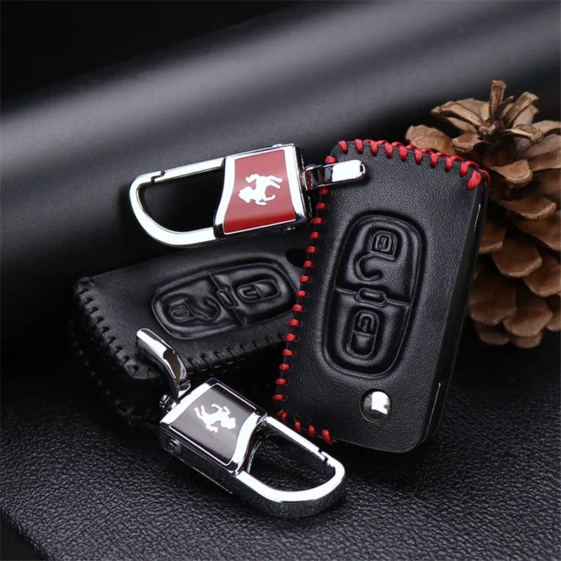 Genuine Leather Car Key Cover Case For Peugeot 206 307 308 207 407 208 2008 508 406 3008 Key Ring Holder Accessories Funda Llave