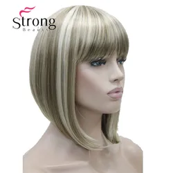 StrongBeauty Short Straight Blonde Highlighted Bob with Bangs Synthetic Wig Black Brown Red Women's Wigs COLOUR CHOICES