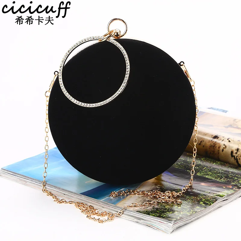 CICICUFF 2023 New Handmade Round Circular Shape Evening Clutch Bag Women Soft Velvet Chain Shoulder Messenger Bags Classic Black