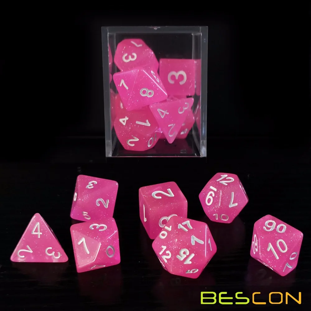 Bescon Intensive Glitter Dice 7pcs Set PINK PRINCESS, New Glitter RPG Dice Set d4 d6 d8 d10 d12 d20 d%, Brick Box Packaging