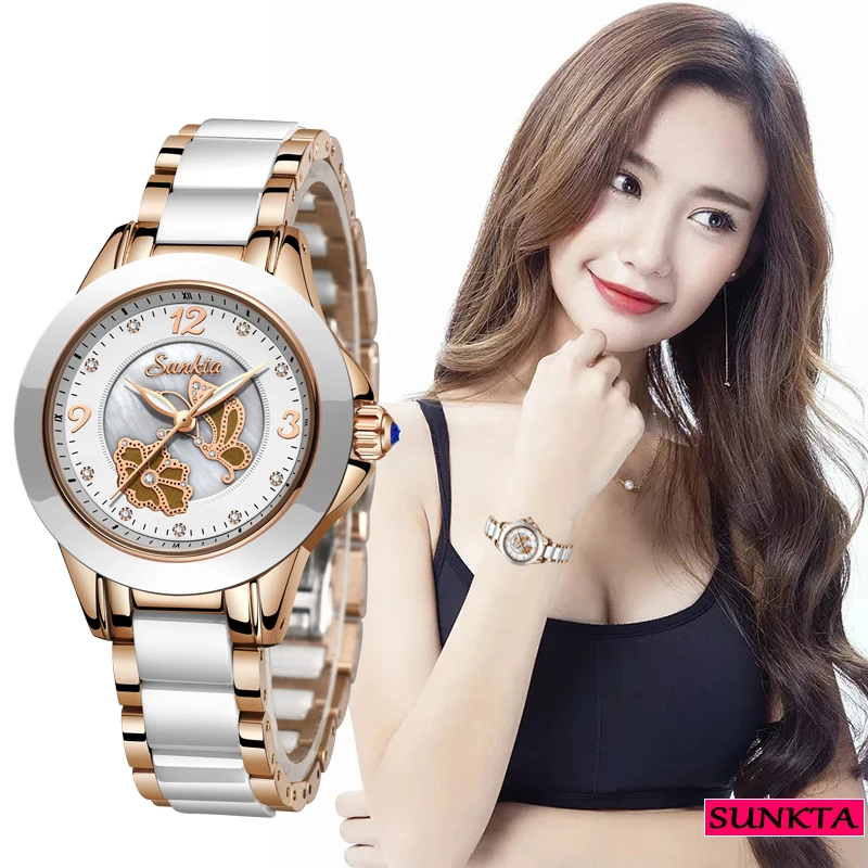 SUNKTA Ceramics Watch Women Quartz Watches Ladies Top Brand Luxury Female Wrist Watch Girl Clock Wife gift Zegarek Damski+Box