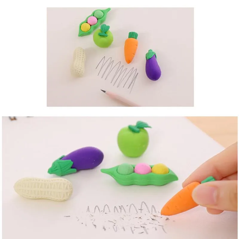 1Bags=3Pcs Elastic Cartoon Vegetables And Fruits Eraser Fries Hot Dog Modeling Rubber Material School Supplies