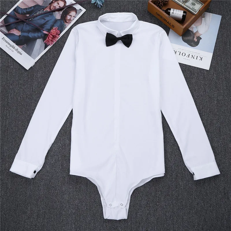 Men Long Sleeve Zipper Solid Color Latin Modern Dance Shirt with Bowtie Romper Shirt Sexy Male Lyrical Dance Costumes