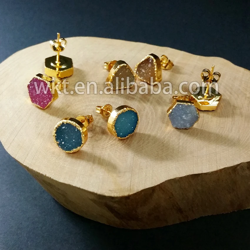 WT-E125 Hot sparkly natural at gate druzy studs 24k gold dipped druzy stone studs in fix shaped