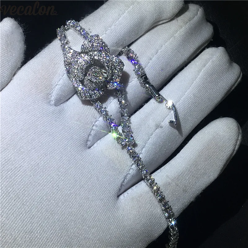 

Vecalon Flower Bracelet Pave setting AAAAA Zircon Cz White gold filled Engagement wedding Bracelets for women Party Jewelry