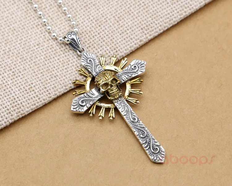 Pendentif croix gothique en argent sterling 925 avec tête de crâne doré pour hommes garçons