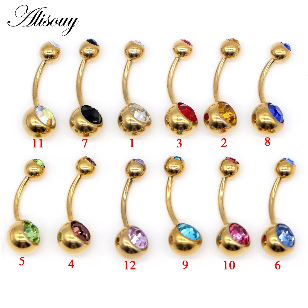 Alisouy 1pc Stainless Navel Rings Gold Color Anodized Belly Button Piercing Double Crystal Ombligo for Women 14G Body Jewelry