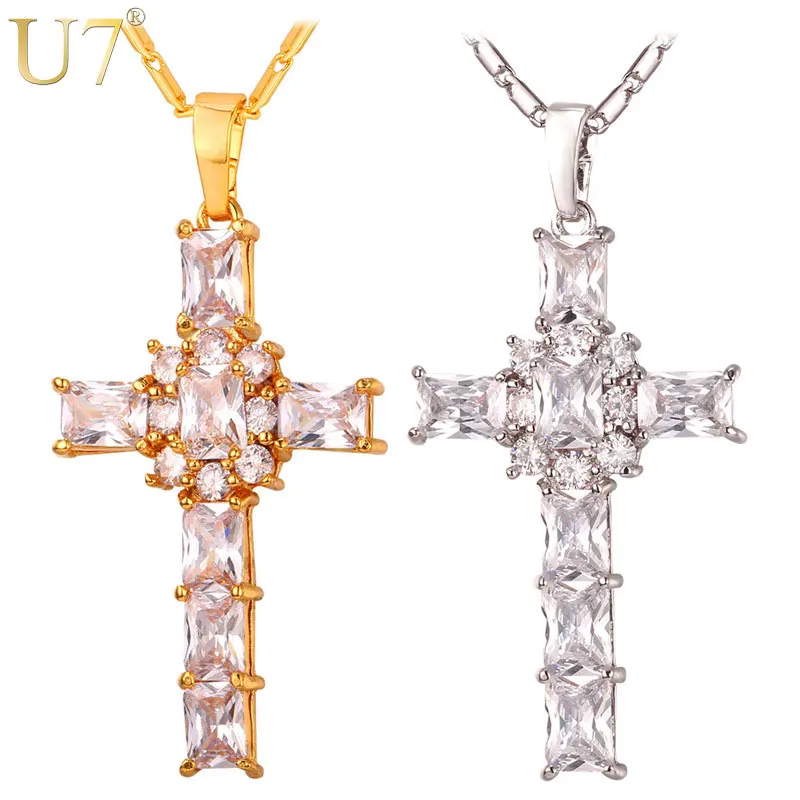 U7 Cross Crystal Necklace Women Jewelry Gift Wholesale Gold Color Luxury Pink/Clear Cubic Zirconia Pendant & Chain P364