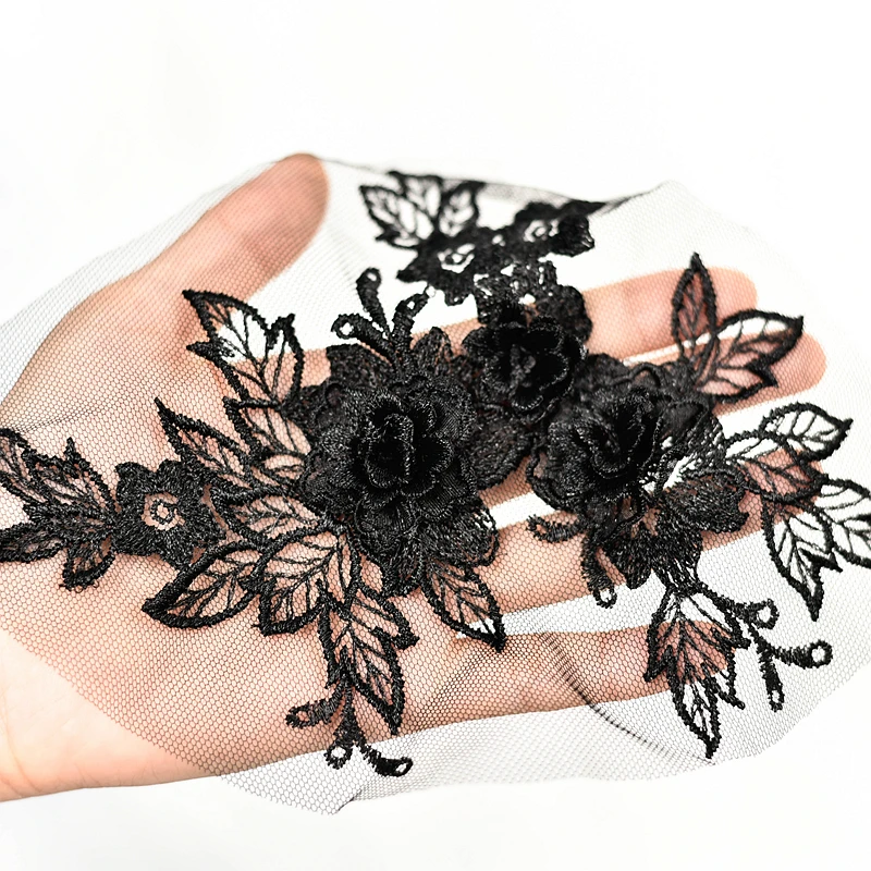 Embroidered Lace Applique with 3D Flower, DIY Fabric Trim, Colorful Mesh, 1 Pc Size, 19*15cm