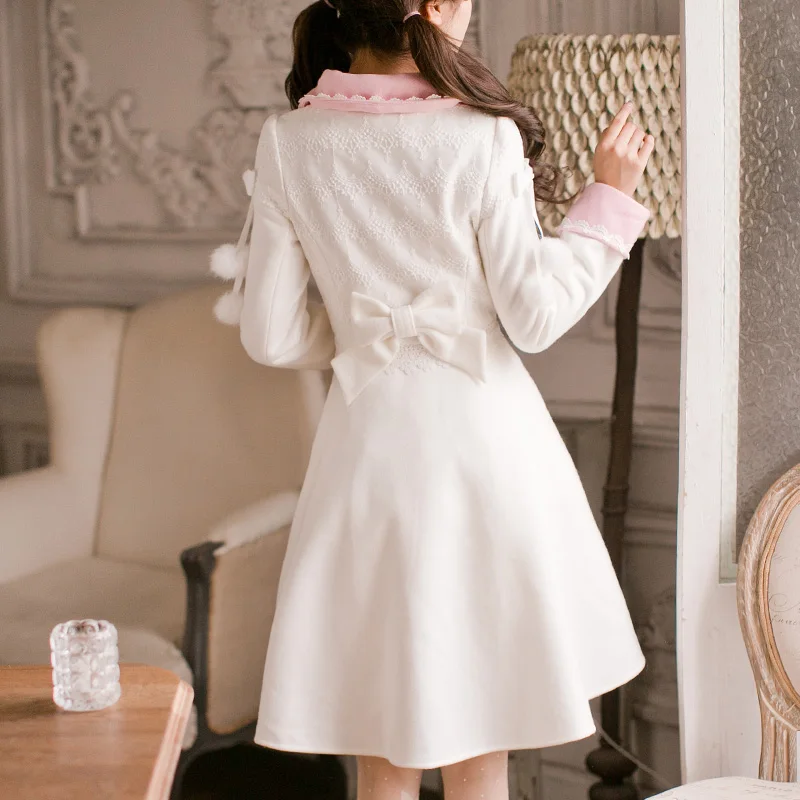 Princess sweet white coat Candy rain flower Wool ball decoration embroidery Single breasted skirt hem Japanese design  C16CD6205