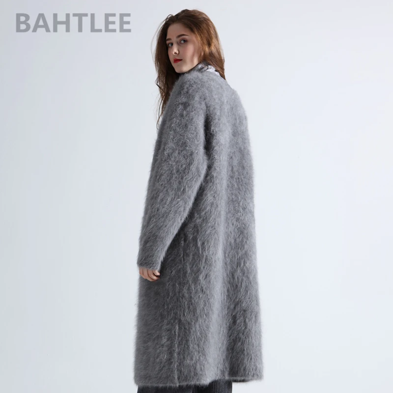 BAHTLEE-Women\'s Angora Long Cardigans, Wool Knitted Sweater, Mink Cashmere, V-Neck, Button Pocket, Thick, Keep Warm, Winter