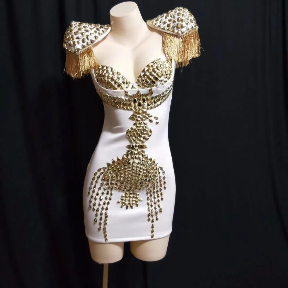 Vestido feminino com strass e borla, vestido branco, sexy, com borla, esticável, dourado, comemoração, aniversário, boate, palco, baile, festa, cantoras