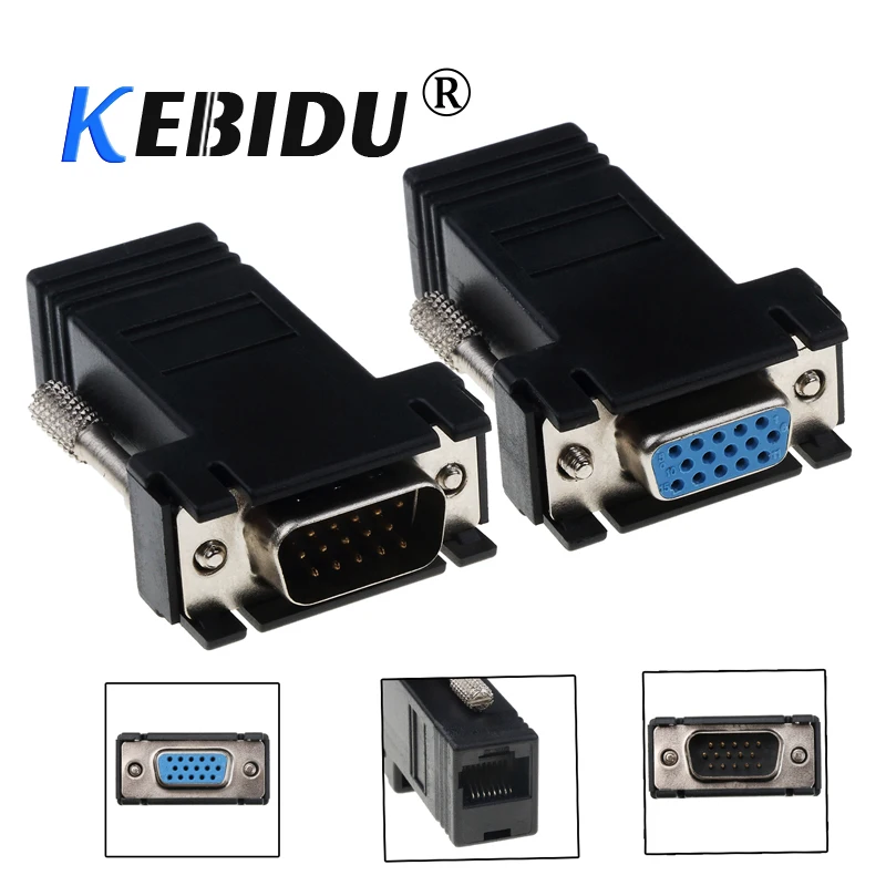 kebidu Mini VGA Extension Extender Cord Male Female To Lan Cat5 Cat5e RJ45 Ethernet Adapter for PC Laptop