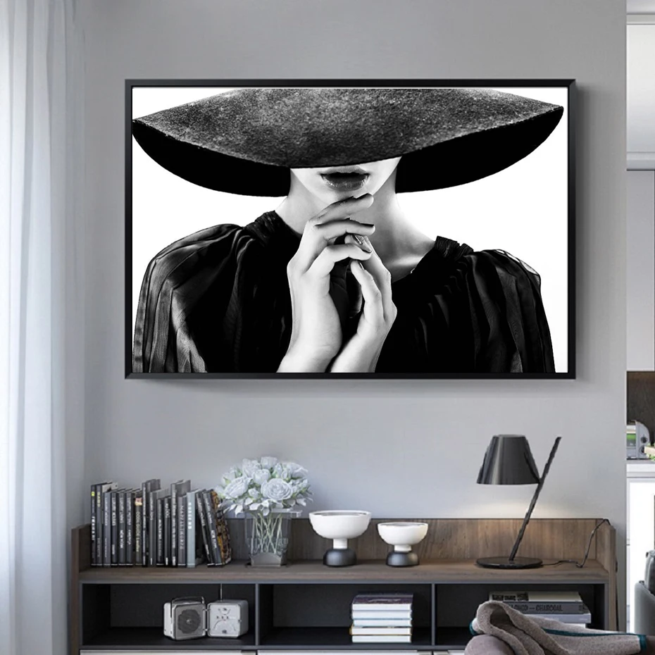 Minimalist Black and White Fashion Hat Woman Canvas Paintings Girls Prints Posters Bedroom Wall Pictures Living Room Decoration