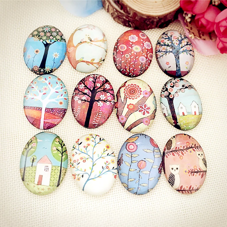 Free Shipping 14Pcs Mix tree and home Image Round Cabochon 18*25mm or 20*30mm Vintage Glass Cabochon Findings