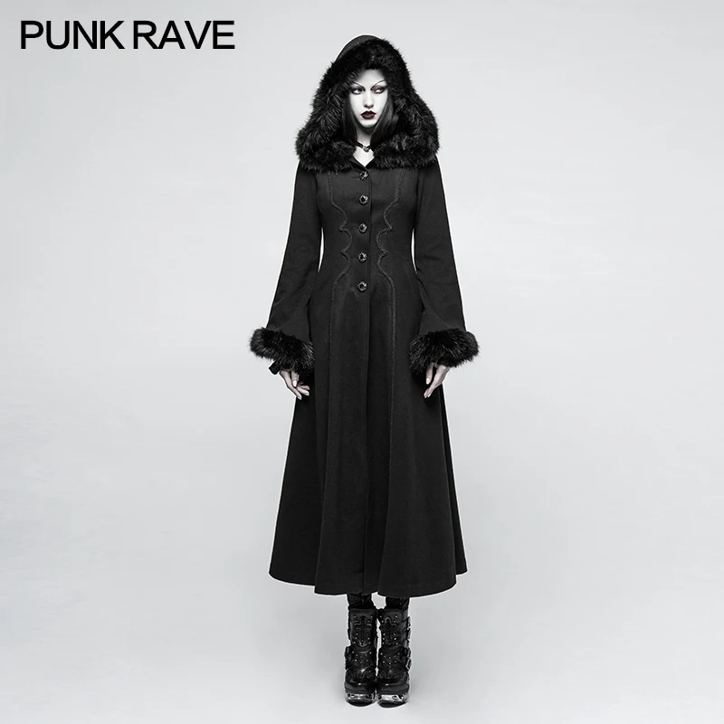 Punk Rave Gothic Winner Hooded Casual Disc Flowers Women Long Worsted Black Retro Coat Overcoat Y796