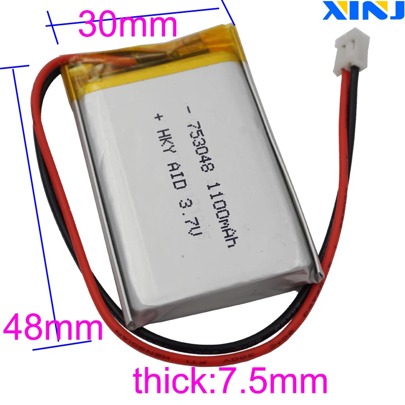 XINJ 3.7V 1100 mAh Li-Polymer Rechargeable Lipo Li Battery 753048 JST-PH 2pin 2.0mm For GPS Game Player PDA Car Camera Tablet PC